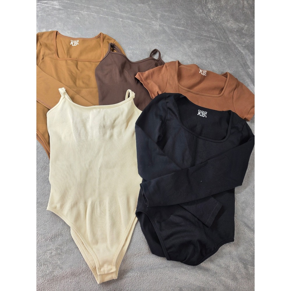 OQQ Ribbed Bodysuit Bundle 5pc Set Womens Medium Neutral Black Brown Cream Tank
